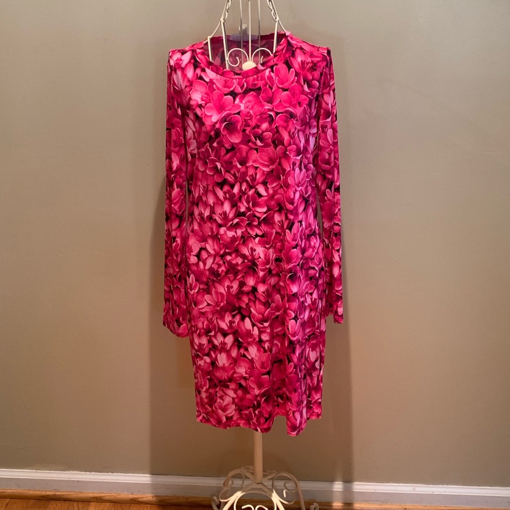 MICHAEL KORS Pink Floral Mini Dress W/Long Sleeves